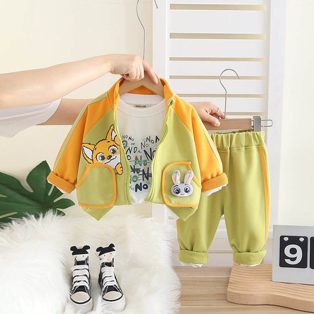 Boys Green Rabbit Printed Jacket With T-Shirt & Joggers Set Sets Green 1-2 Y