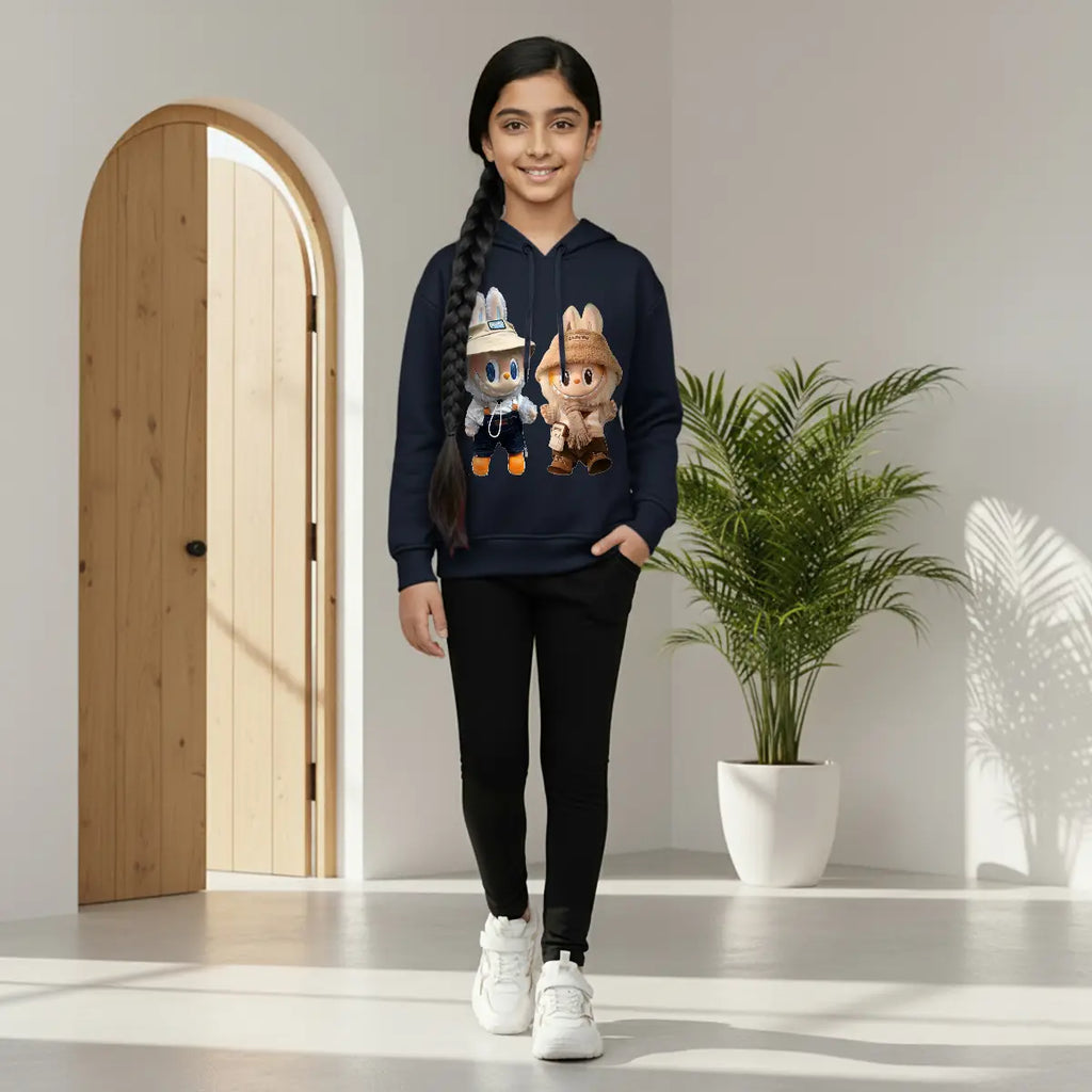 Girls Navy Blue Labubu Graphics Hoodie Sweatshirt Sweatshirts & Hoodies Navy Blue 1-2 Y