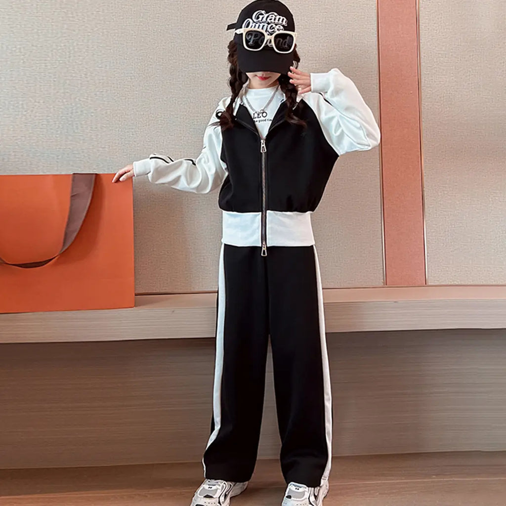 Girls Black Heart Printed Hooded Zipper Jacket With Pants set Sets Black 5-6 Y