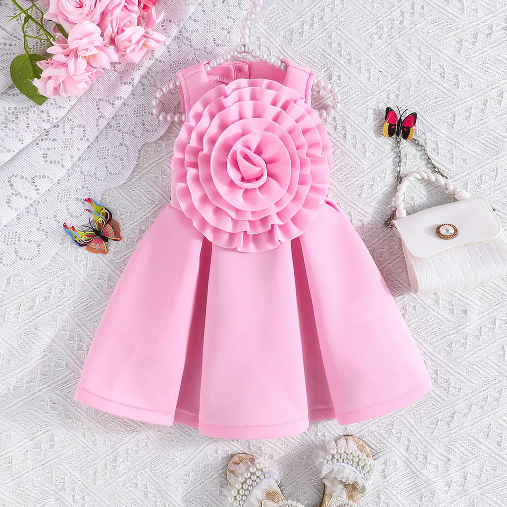 Girls Adorable Light Pink Sleeveless Dress with 3D Flower Embellishment Casual Dresses Light Pink 1-2 Y