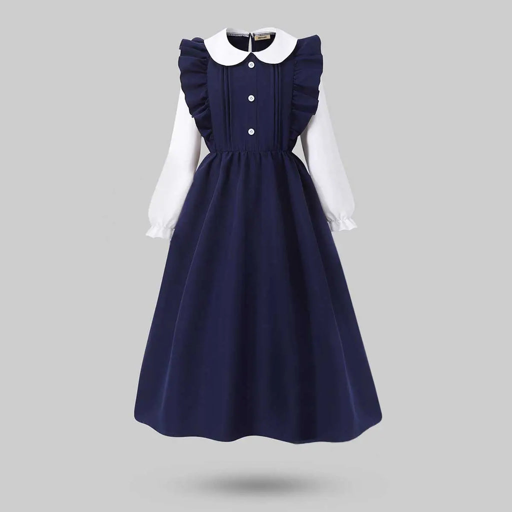 Girls Navy Blue Solid Long Sleeves Fit & Flare Midi Dress Casual Dresses Navy Blue 7-8 Y