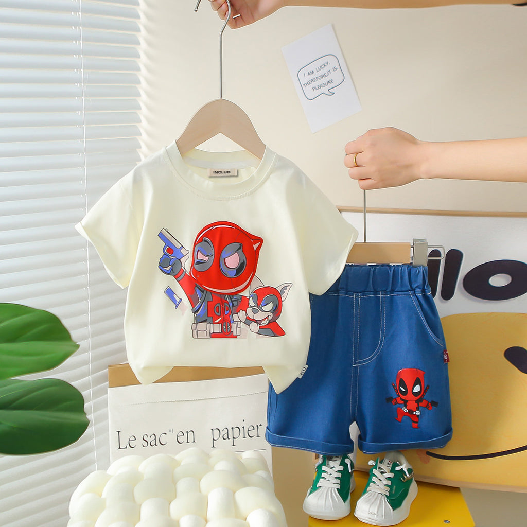 Boys Off White Cartoon Printed Short Sleeves T-Shirt With Denim Shorts Set 2 pc. Sets Off White 1-2 Y