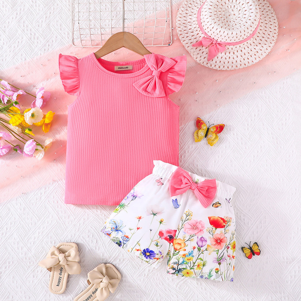 Girls Pink Flutter Sleeves Round Neck Top With Floral Printed Shorts Set 2 pc. Sets Pink 2-3 Y