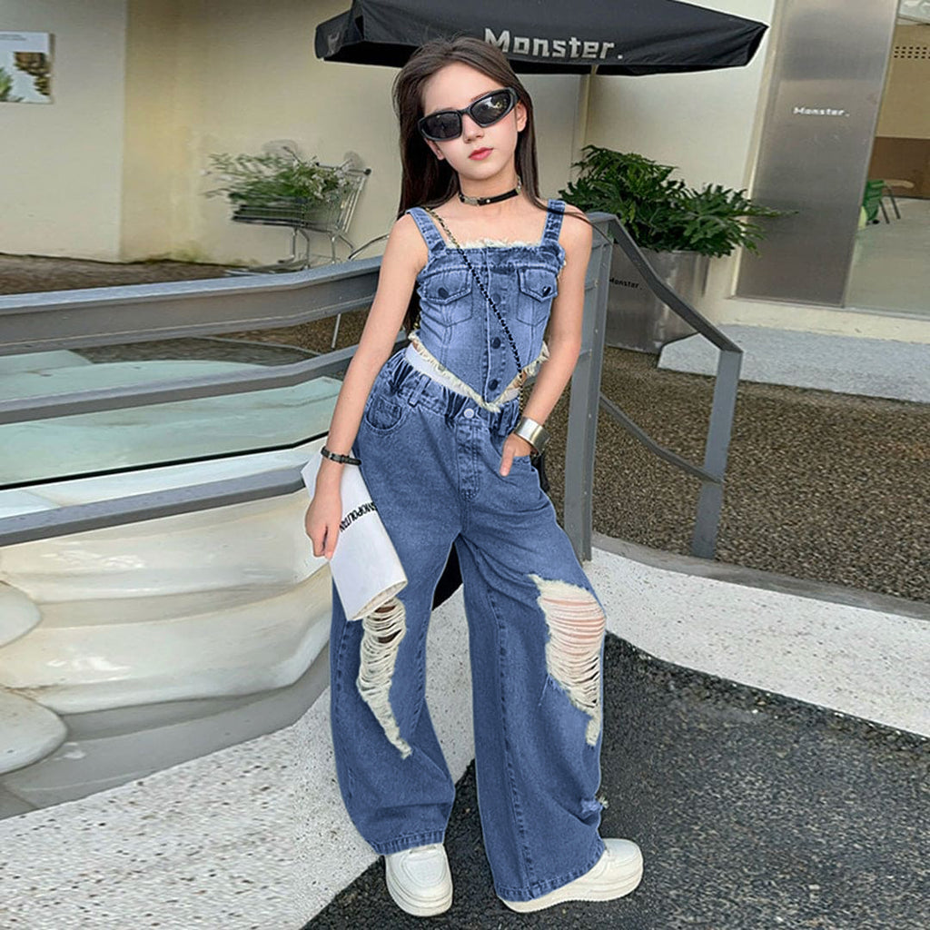 Girls Sleeveless Denim Vest With Denim Trousers Set Sets Blue 6-7 Y