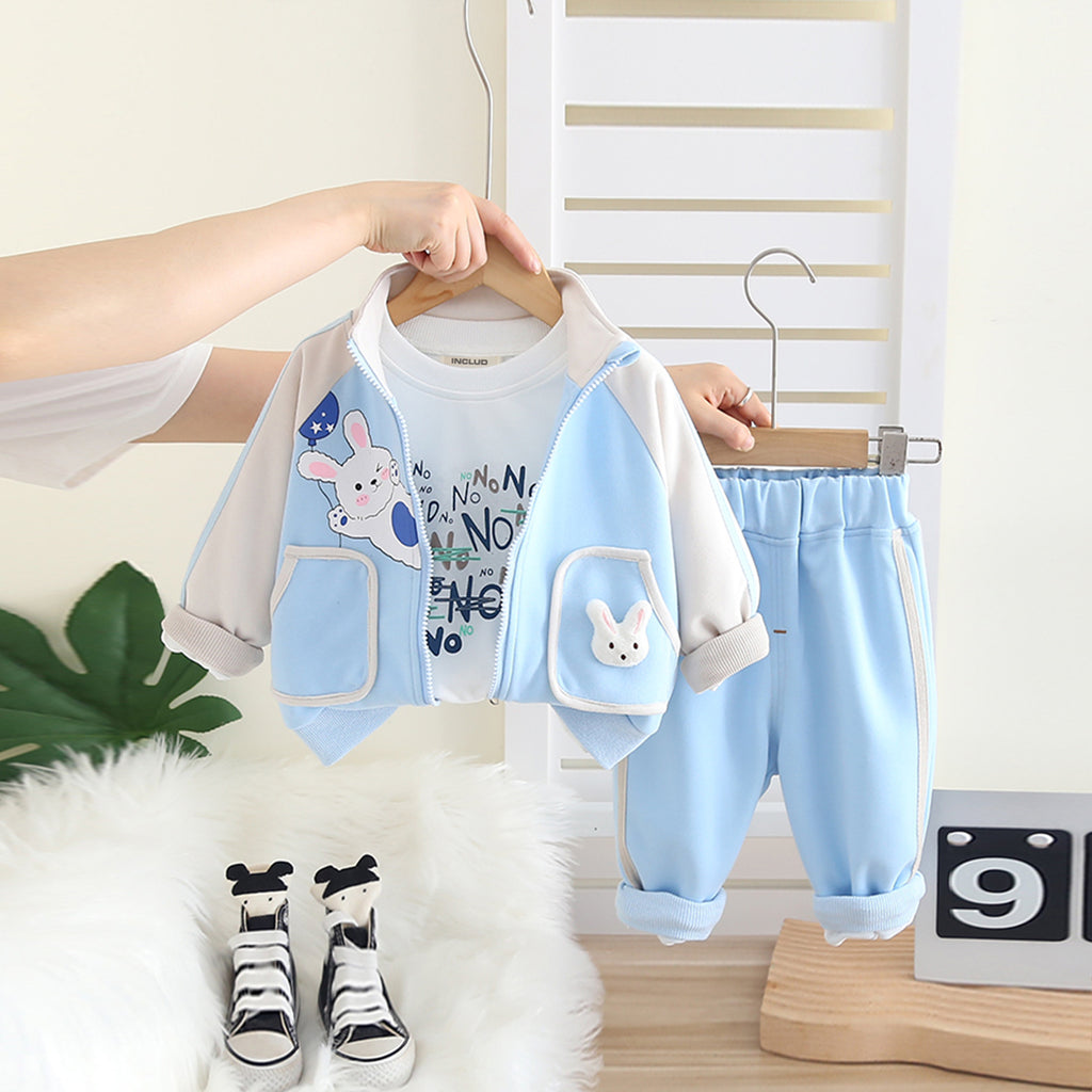 Boys Sky Blue Rabbit Printed Jacket With T-Shirt & Joggers Set Sets Sky Blue 1-2 Y