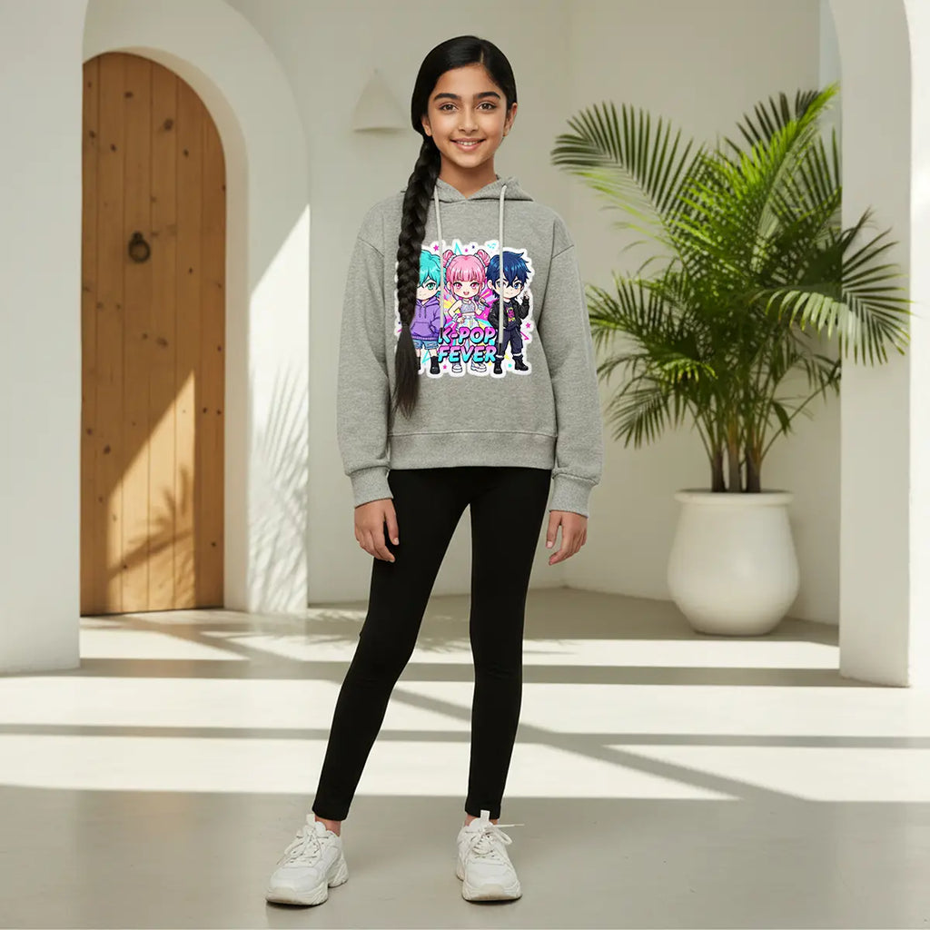 Girls Grey K-Pop Fever Graphics Hoodie Sweatshirts & Hoodies Grey 1-2 Y