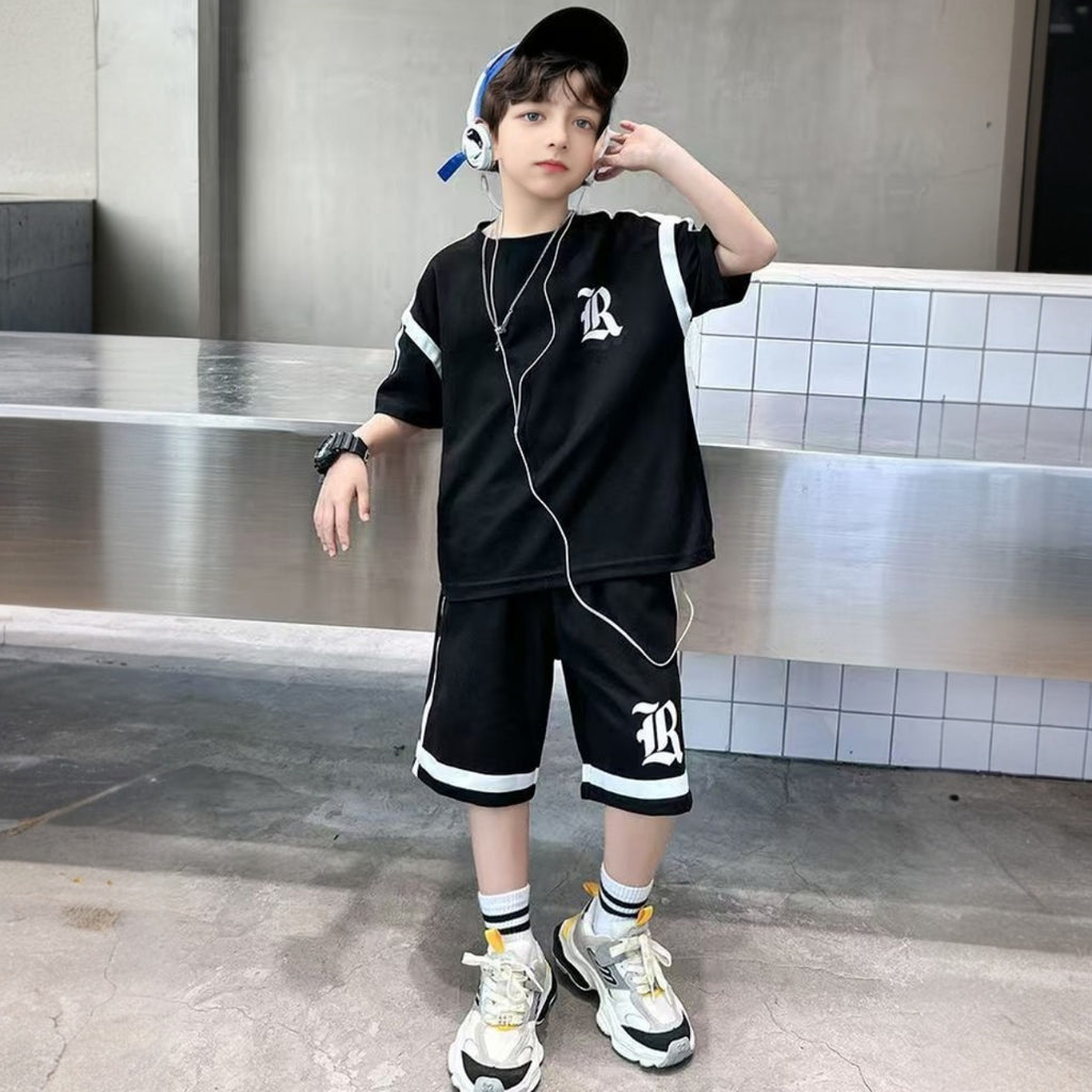 Boys Black Typographic Printed Short Sleeve T-Shirt With Shorts Sets 2 pc. Sets
