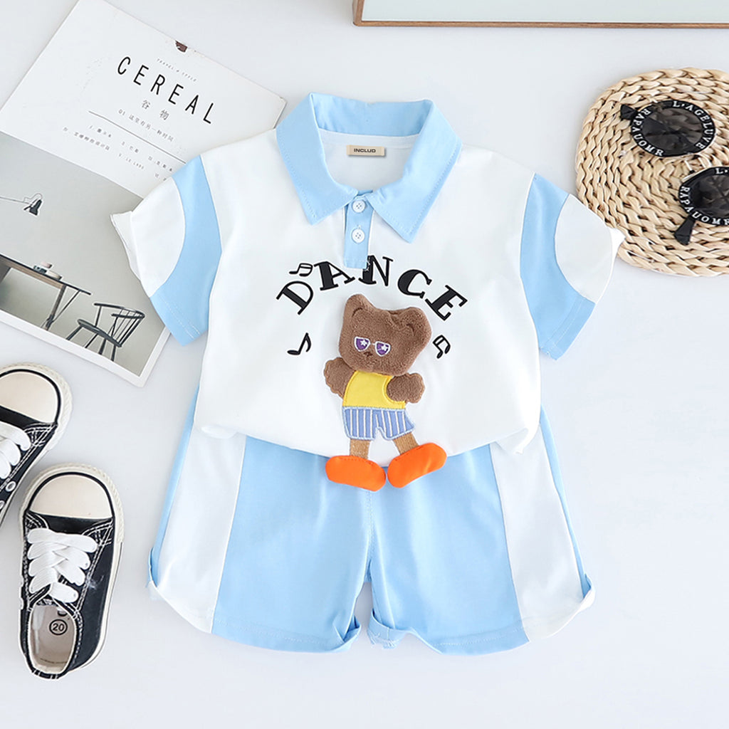 Boys Sky Blue Cat Applique Color-blocked Polo T-Shirt With Shorts Set 2 pc. Sets Sky Blue 1-2 Y