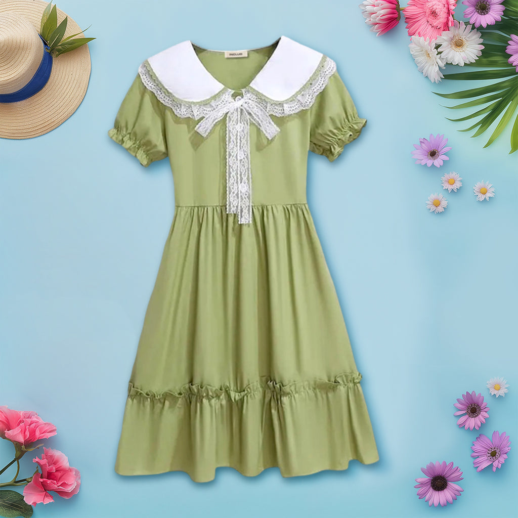 Girls Puff Sleeve Peter Pan Collar Fit & Flare Dress Casual Dresses