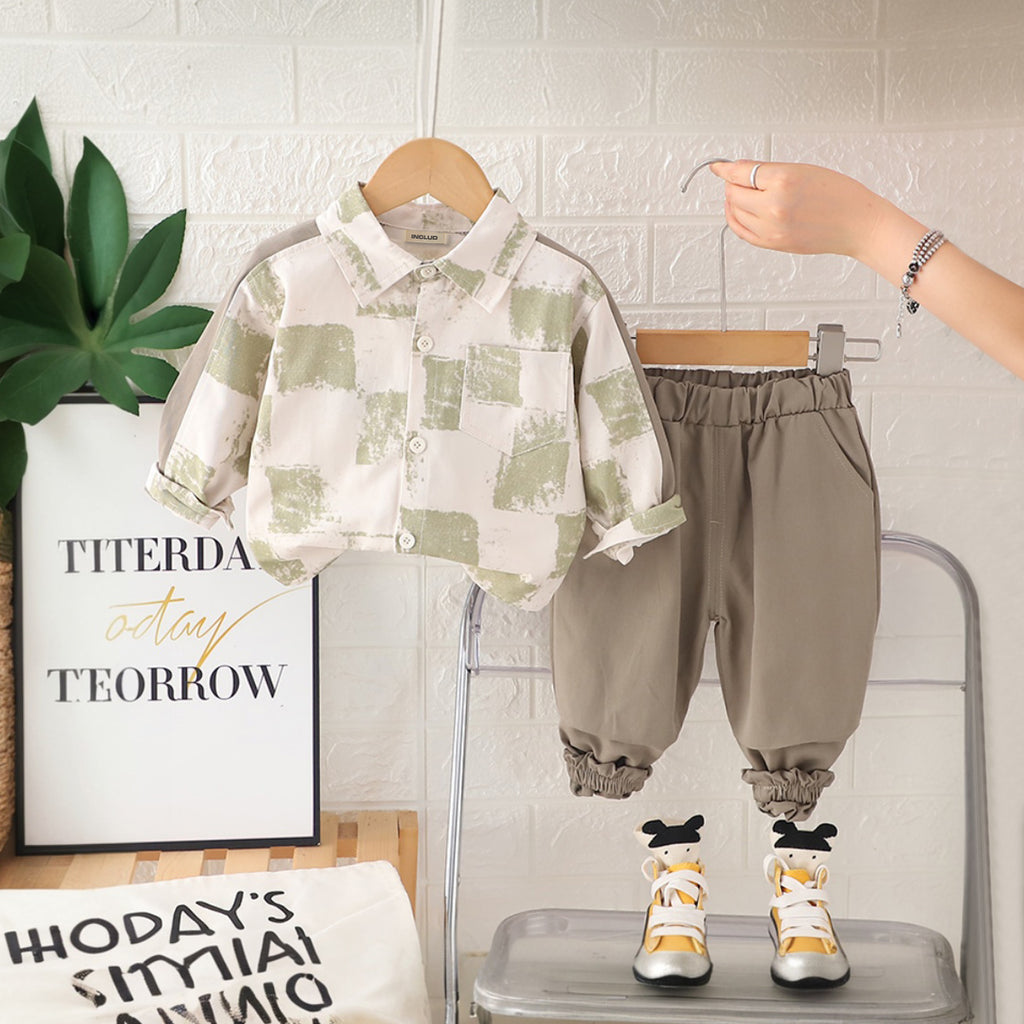 Boys Green Abstract Printed Shirt With Pants Set 2 pc. Sets Green 1-2 Y