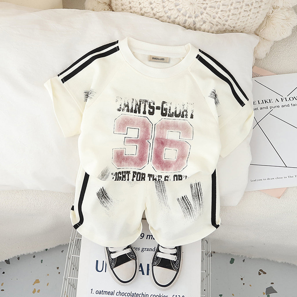 Boys Off White Shoulder Striped Raglan Sleeves T-Shirt With Shorts Set 2 pc. Sets Off White 1-2 Y
