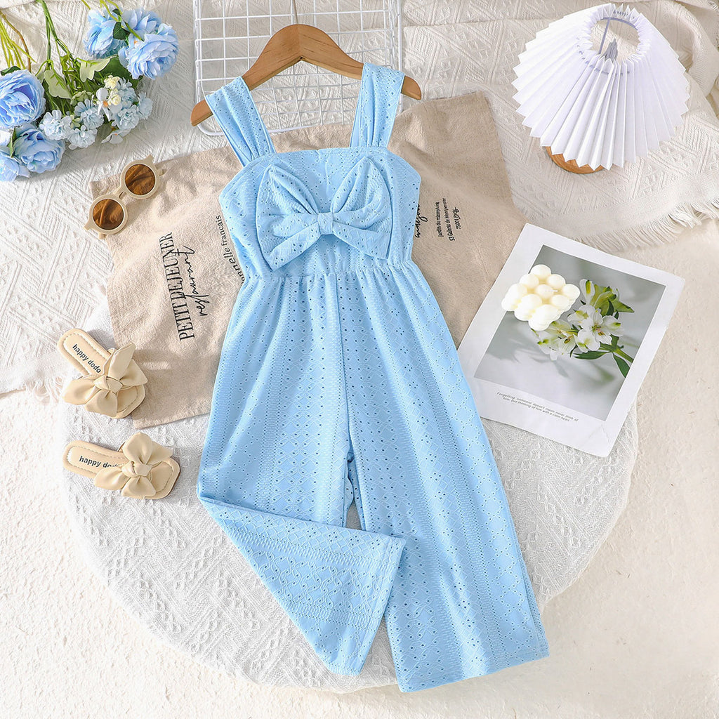 Girls Light Blue Self Designed Sleeveless Jumpsuit With Bow Jumpsuits Light Blue 3-4 Y