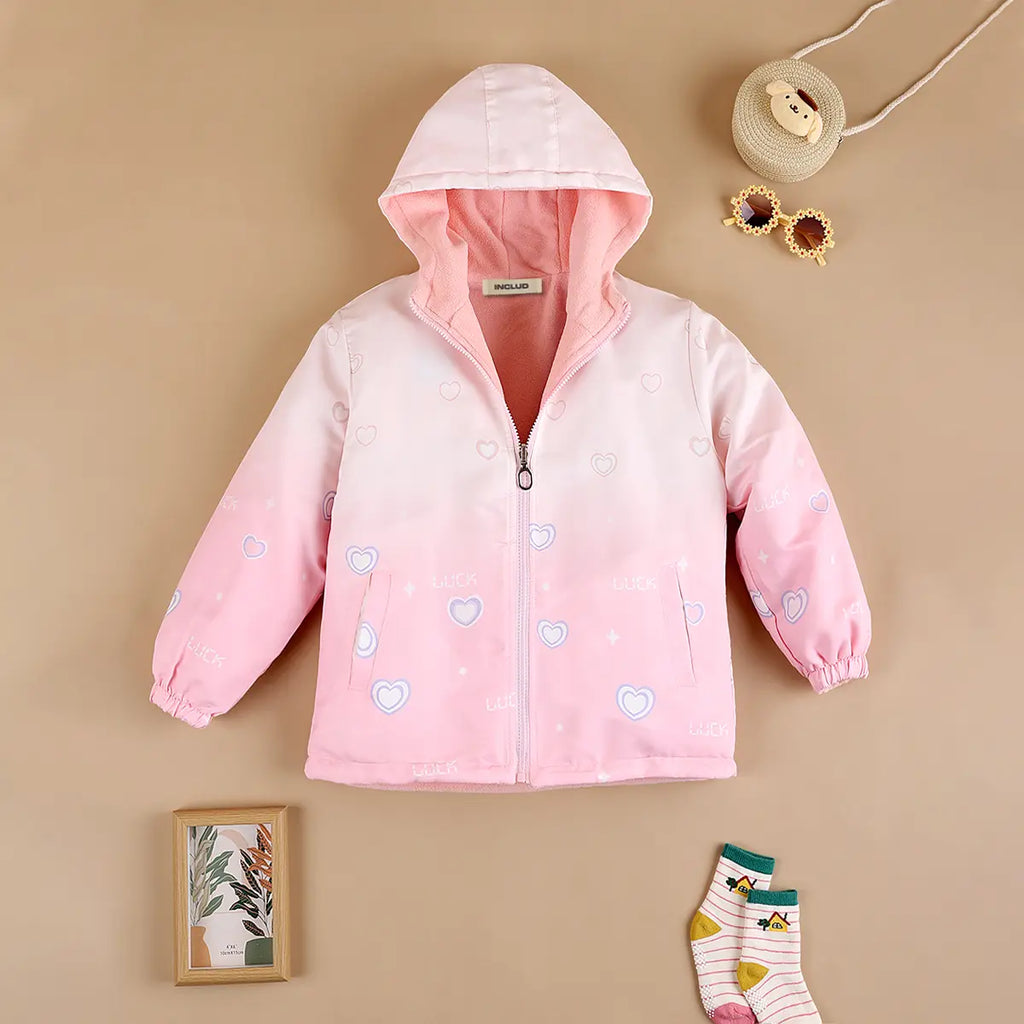 Girls Pink Heart Printed Reversible Hooded Zipper Jacket Coats & Jackets Pink 3-4 Y