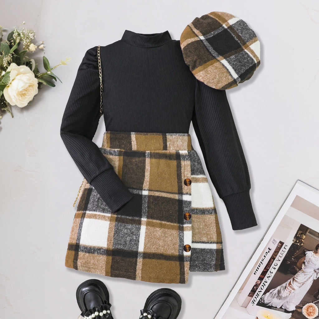 Girls Stand Collar Rib Top With Camel Brown Checked Skirt & Beret Hat Set Sets Brown 7-8 Y