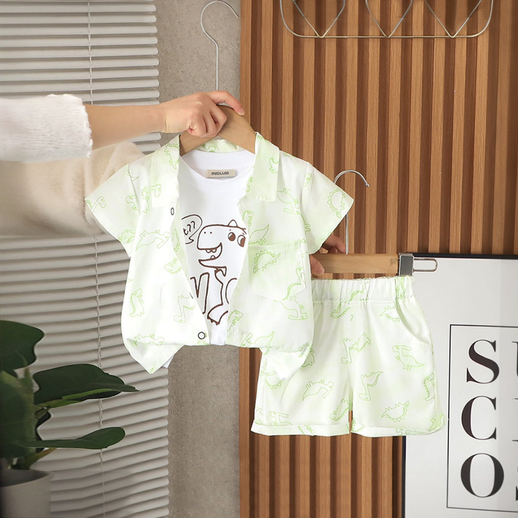 Boys Green Dinosaur Printed Shirt With Sleeveless T-Shirt And Shorts Set 3 pc. Sets Green 1-2 Y