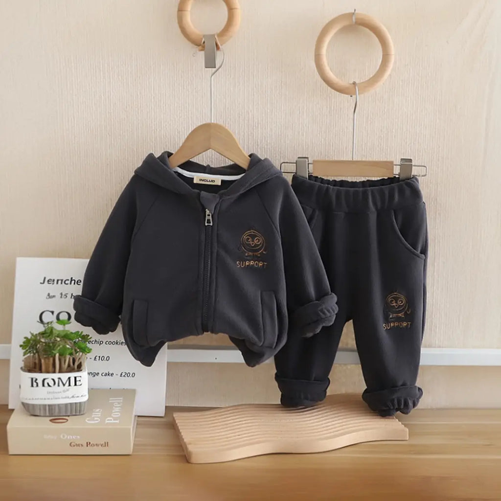 Boys Dark Grey Hooded Zip-up Jacket With Jogger Co-ord Sets Sets Dark Grey 1-2 Y