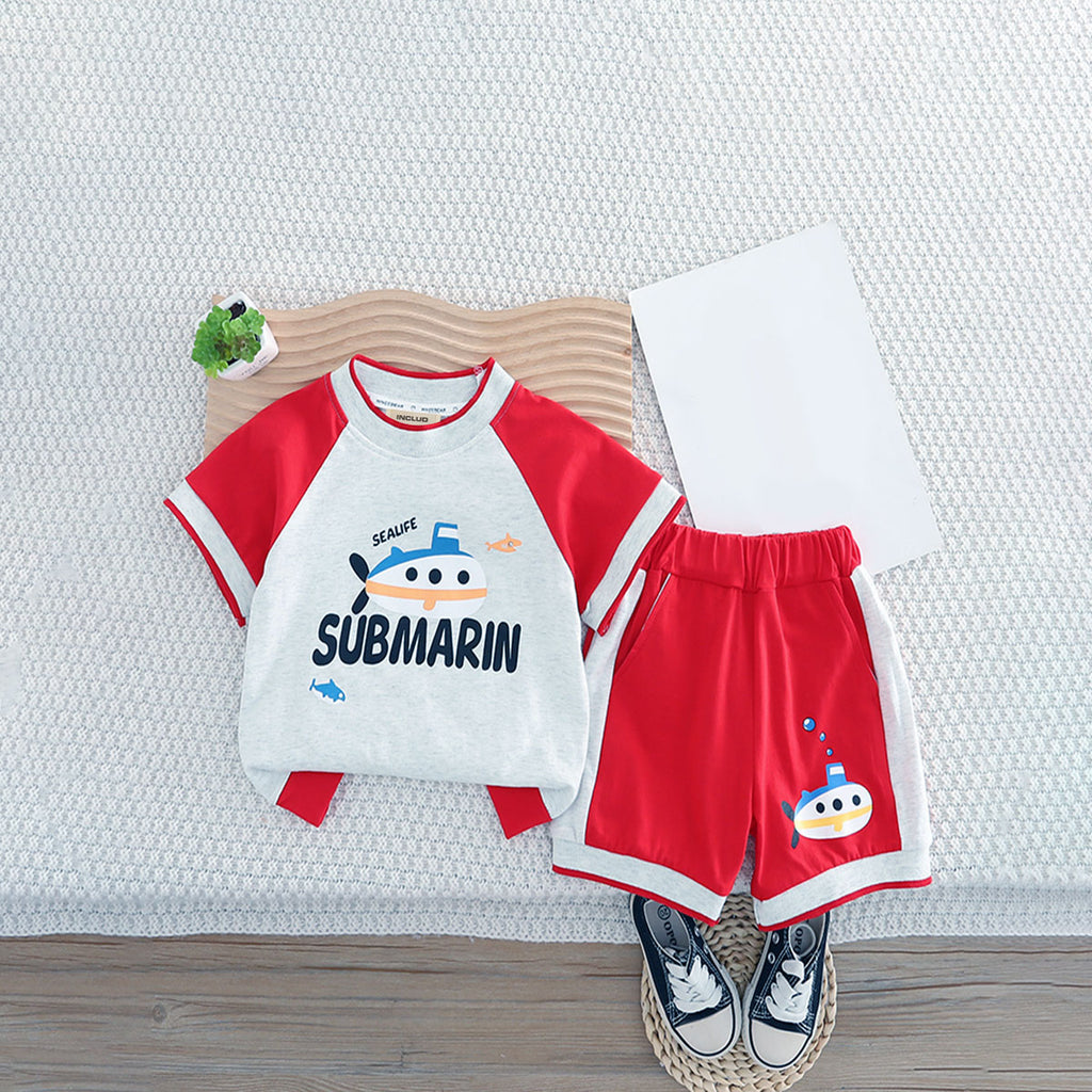 Boys Red Submarine Printed Raglan Sleeves T-Shirt With Shorts Set 2 pc. Sets Red 1-2 Y