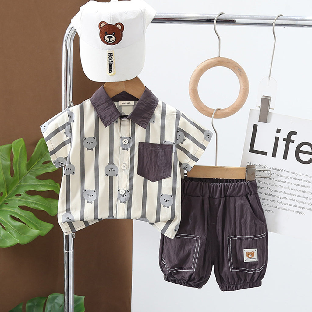 Boys Cartoon Striped Printed Shirt With Shorts 2 pc. Sets Gray 1-2 Y 