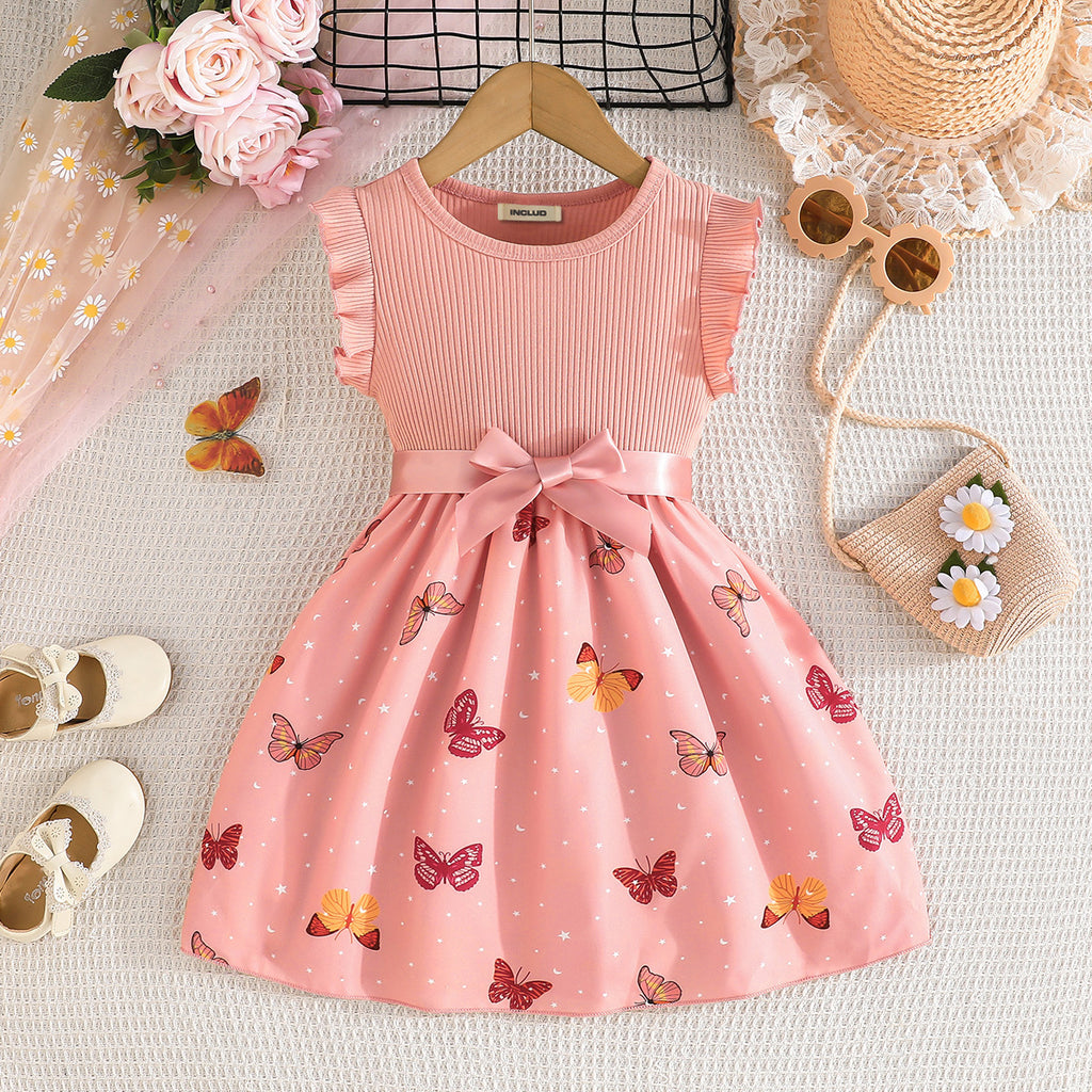 Girls Pink Butterfly Printed Fit & Flare Summer Casual Dresses Casual Dresses Pink 3-4 Y