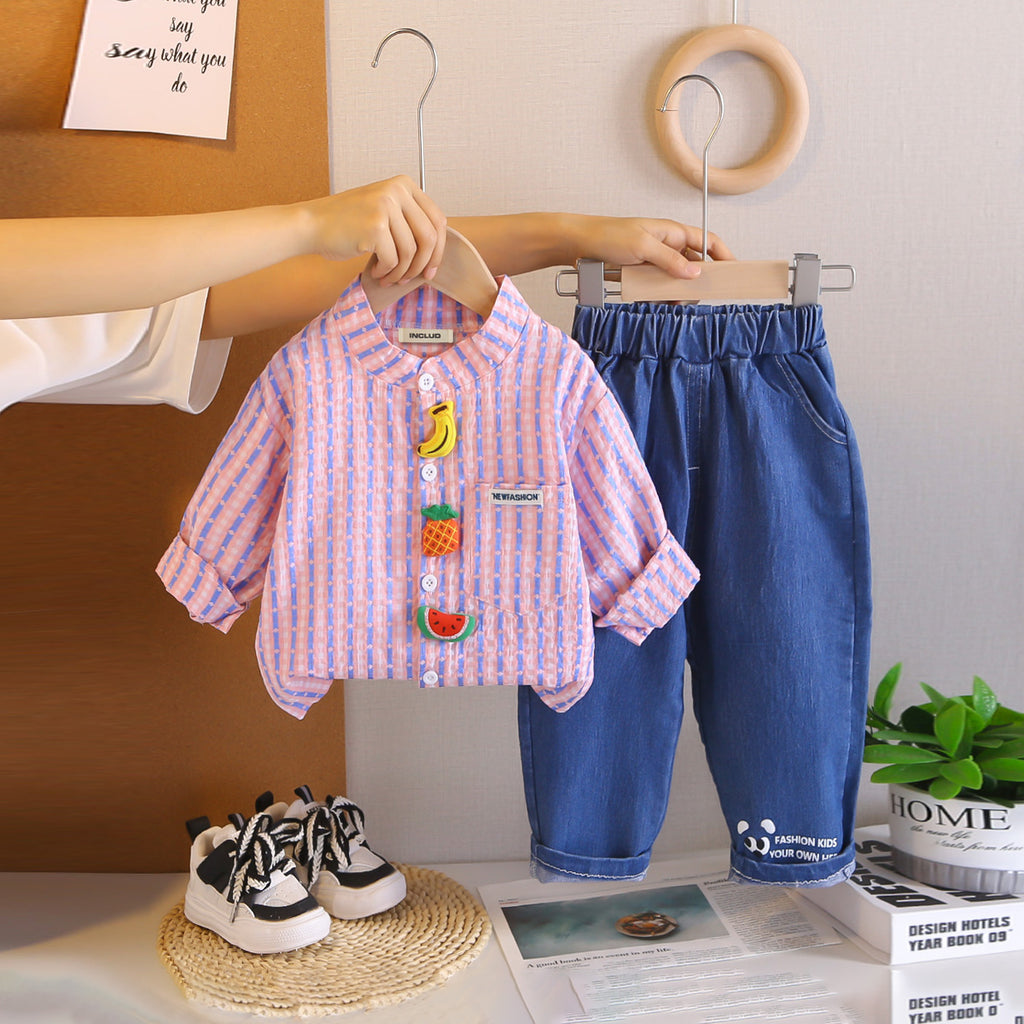 Boys Pink Stripes Fruits Applique Shirt With Denim Pants Set 2 pc. Sets Pink 1-2 Y