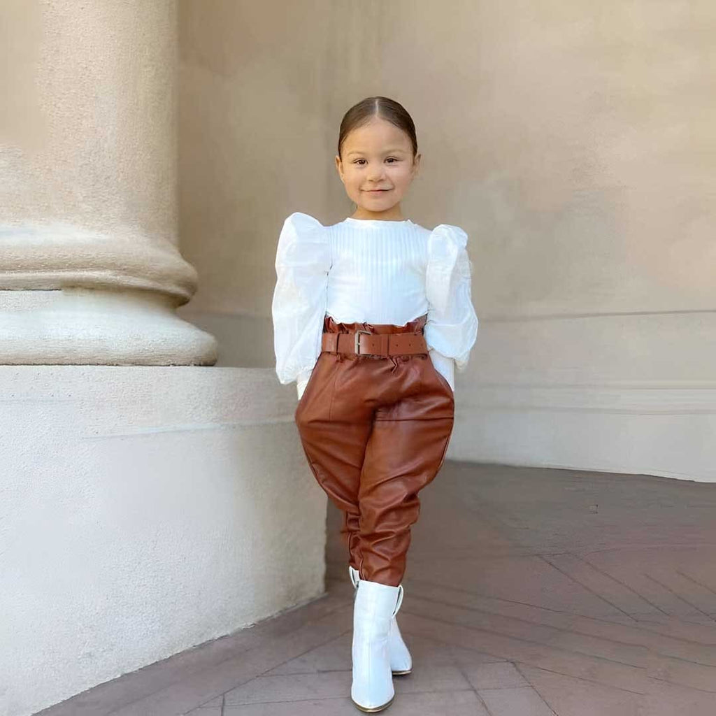 Girls Long Sleeve Top With PU Leather Pants Set 2 pc. Sets