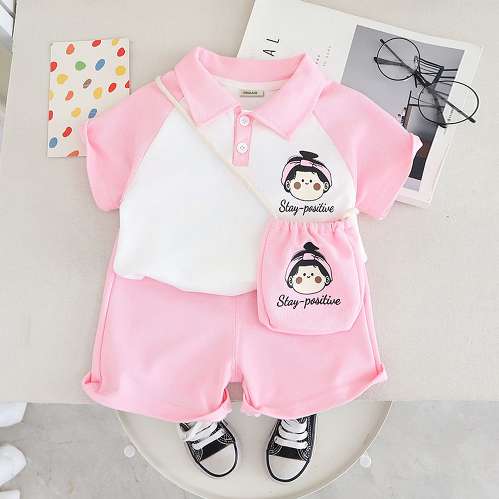 Girls Raglan Sleeves Polo T-Shirt With Pink Shorts And Sling Bag Set 3 pc. Sets Pink 1-2 Y