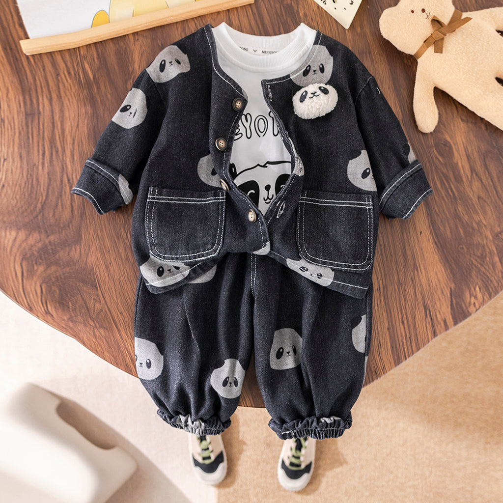 Boys Black Panda Printed Denim Jacket With T-Shirt & Joggers Set Sets Black 1-2 Y