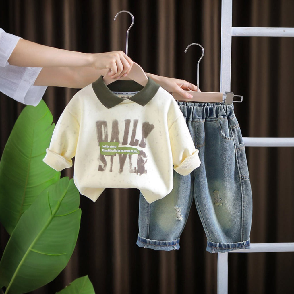 Boys Green Typographic Printed Sweatshirt With Denim Trousers Sets 2 pc. Sets Green 1-2 Y