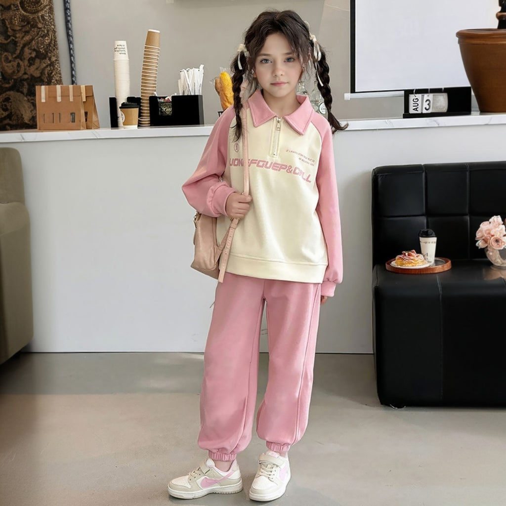 Girls Pink Typographic Printed Collared Sweatshirt With Jogger Set 2 pc. Sets Pink 5-6 Y