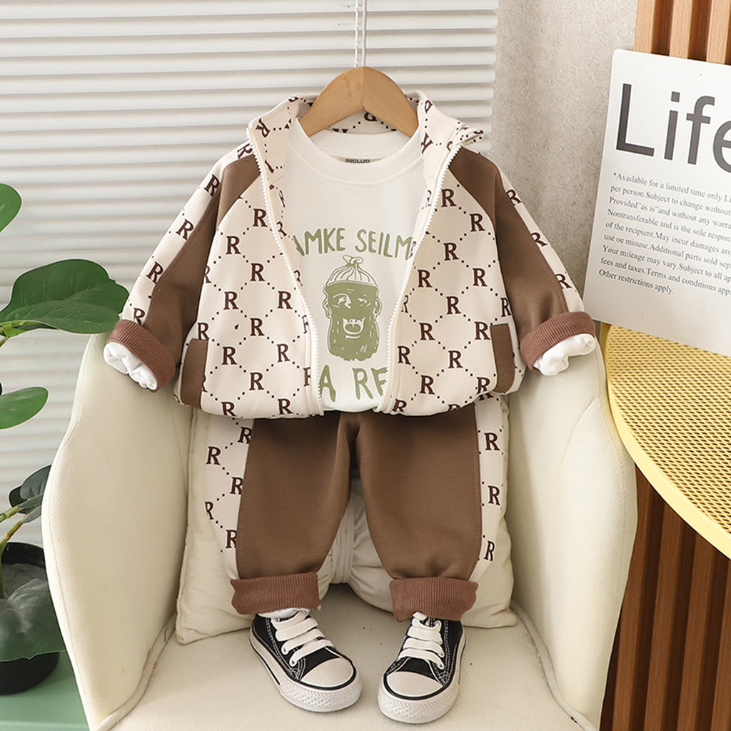 Boys Brown Letter Printed Winter Sweatshirt With T-Shirt And Pants Set 3 pc. Sets Brown 1-2 Y