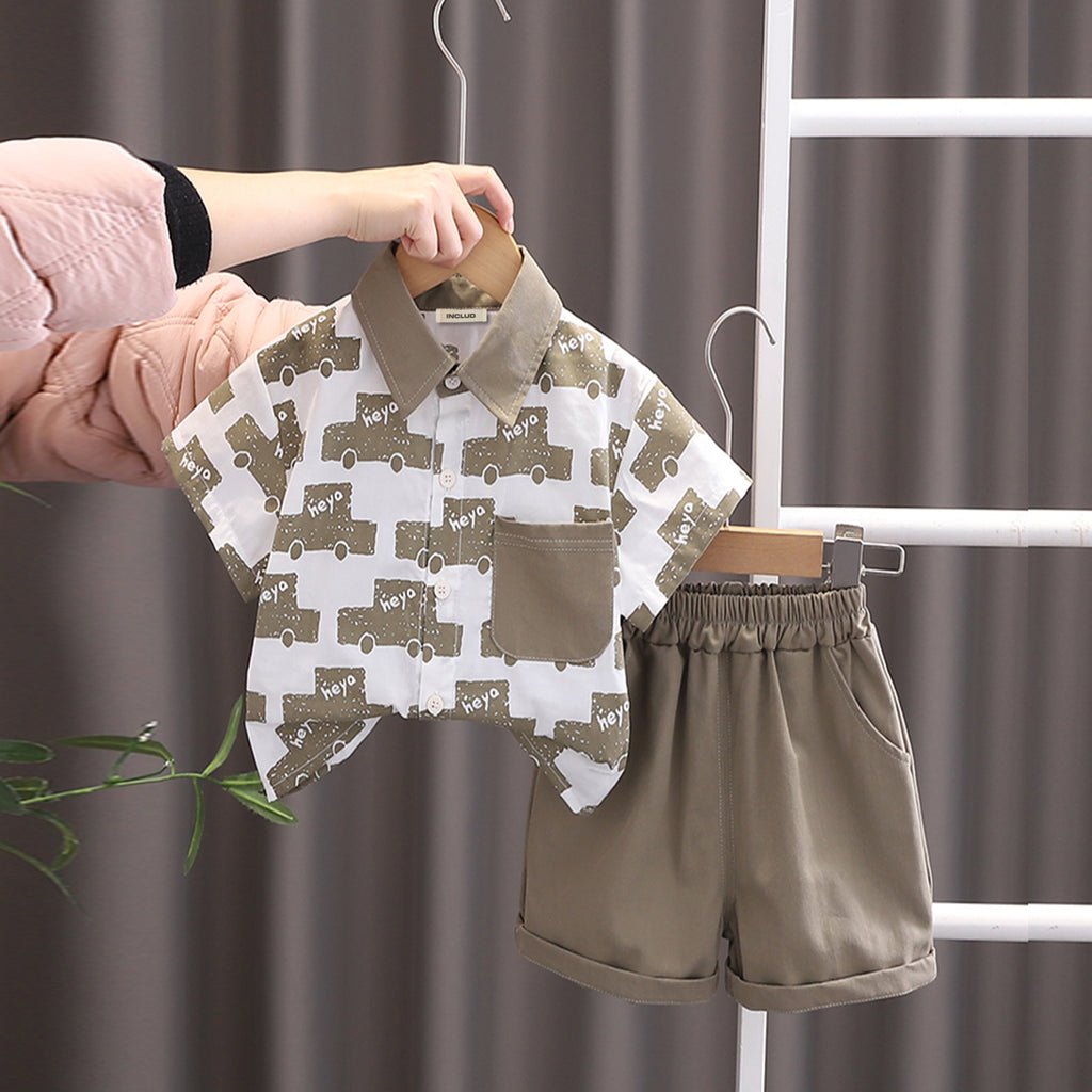 Boys Green Car Printed Short Sleeves Shirt With Shorts Set 2 pc. Sets Green 1-2 Y