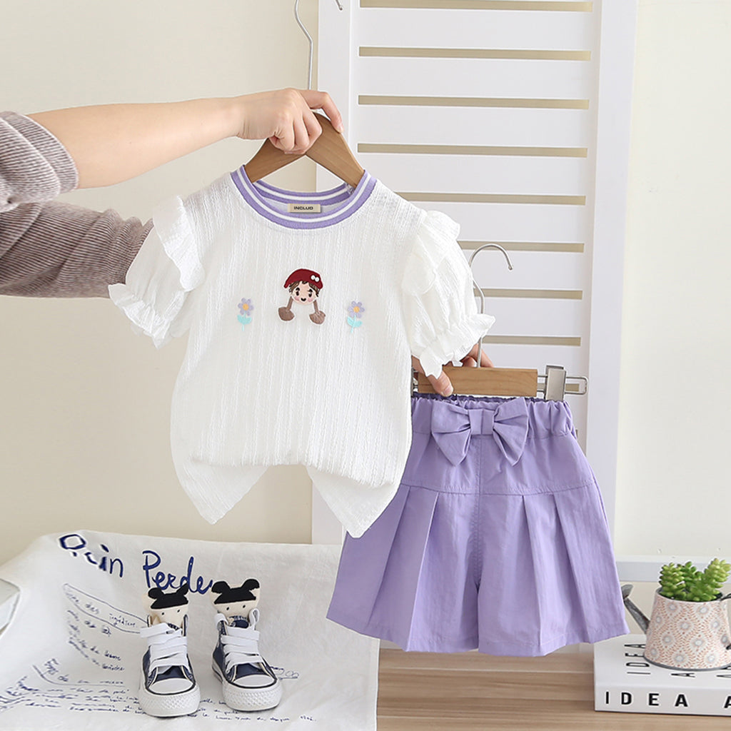 Girls Short Sleeves Appliqued Top With Purple Pleated Shorts Set 2 pc. Sets Purple 1-2 Y