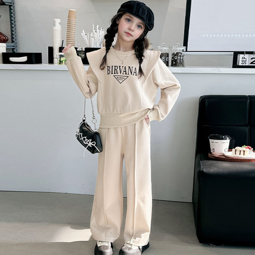 Girls Off White Typographic Printed Sweatshirt With Pants Winter Co-ord Sets 2 pc. Sets Off White 5-6 Y