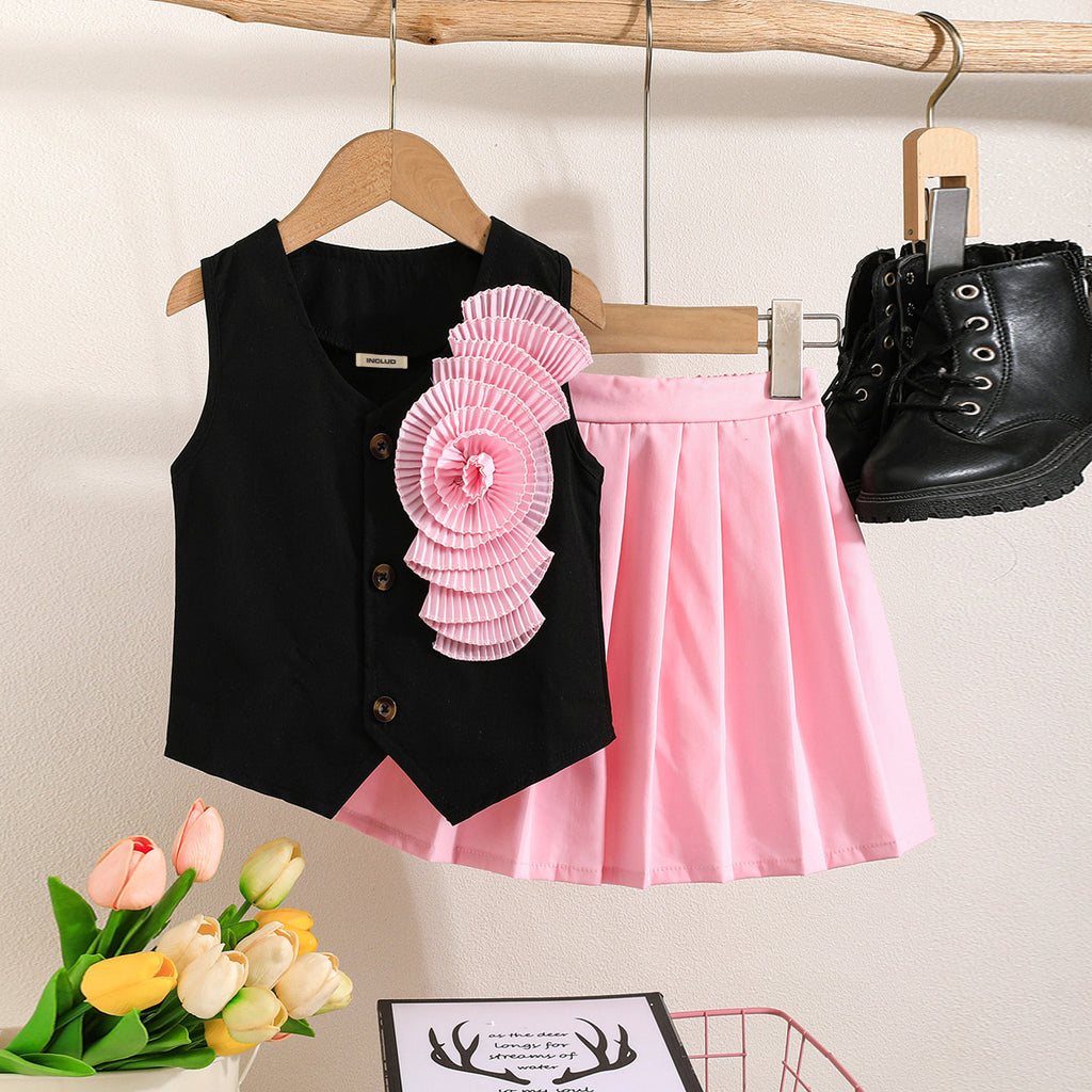 Girls Pink Applique Waistcoat With Partially Elasticated Skirt Set 2 pc. Sets Pink 3-4 Y
