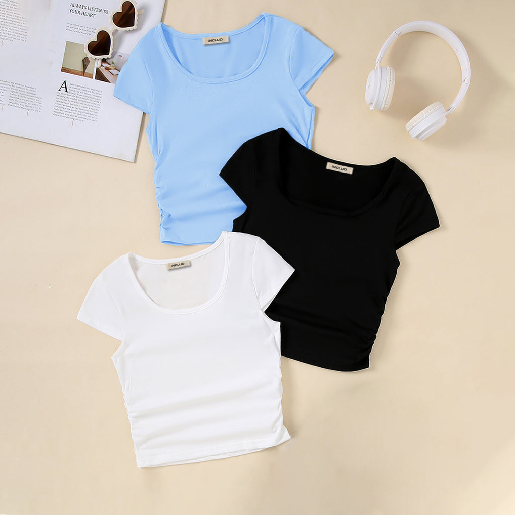 Girls Blue Short Sleeve Round Neck Top ( Pack Of 3) Value Packs Blue 12-13 Y