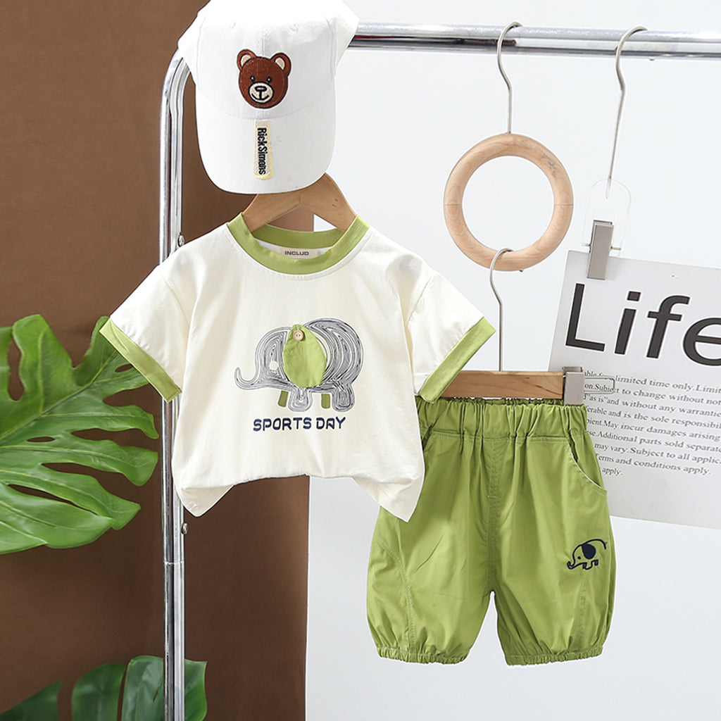 Boys Olive Elephant Print Short Sleeves Round Neck T-shirt With Pants Set 2 pc. Sets Olive 1-2 Y