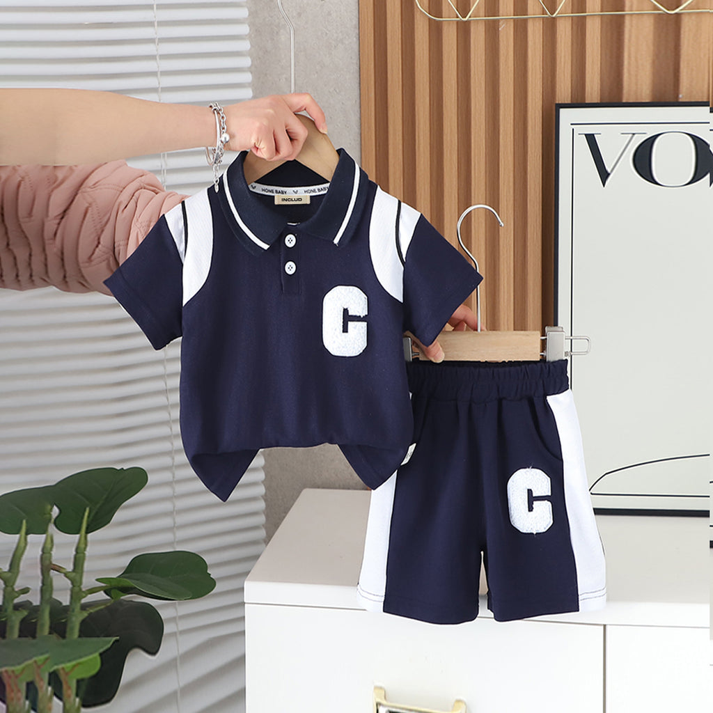 Boys Navy Blue Colourblocked Polo T-shirt with Shorts Set 2 pc. Sets Blue 1-2 Y