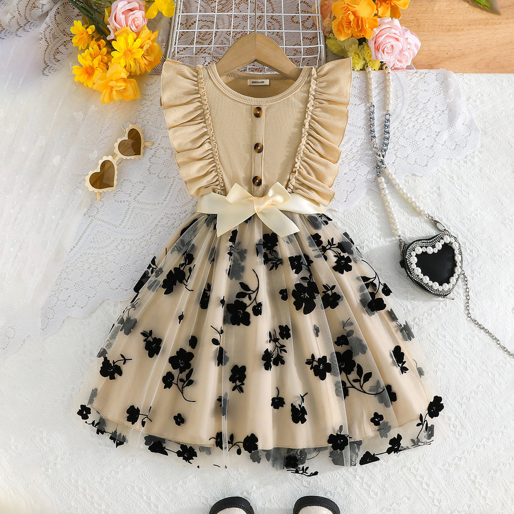 Girls Apricot Floral Printed Tulle Overlay Fit And Flared Casual Dress Casual Dresses Apricot 3-4 Y