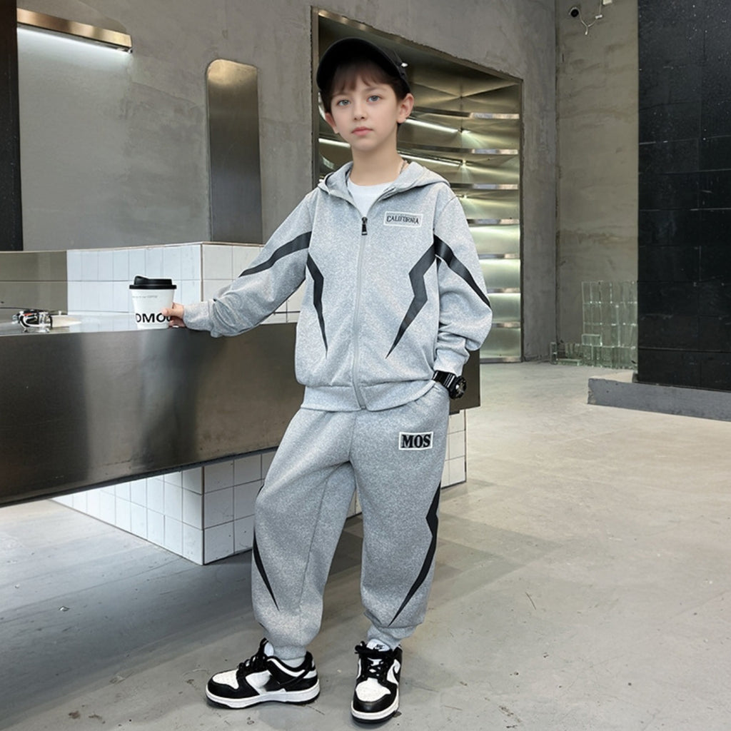 Boys Grey Abstract Printed Winter Zipper Hoodie With Jogger Set 2 pc. Sets Grey 5-6 Y
