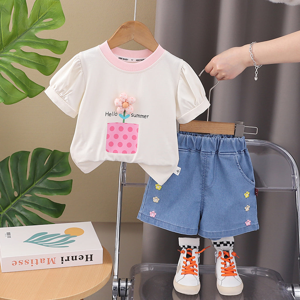 Girls Off White Flower Appliquéd Top With Denim Shorts Set 2 pc. Sets Off White 1-2 Y