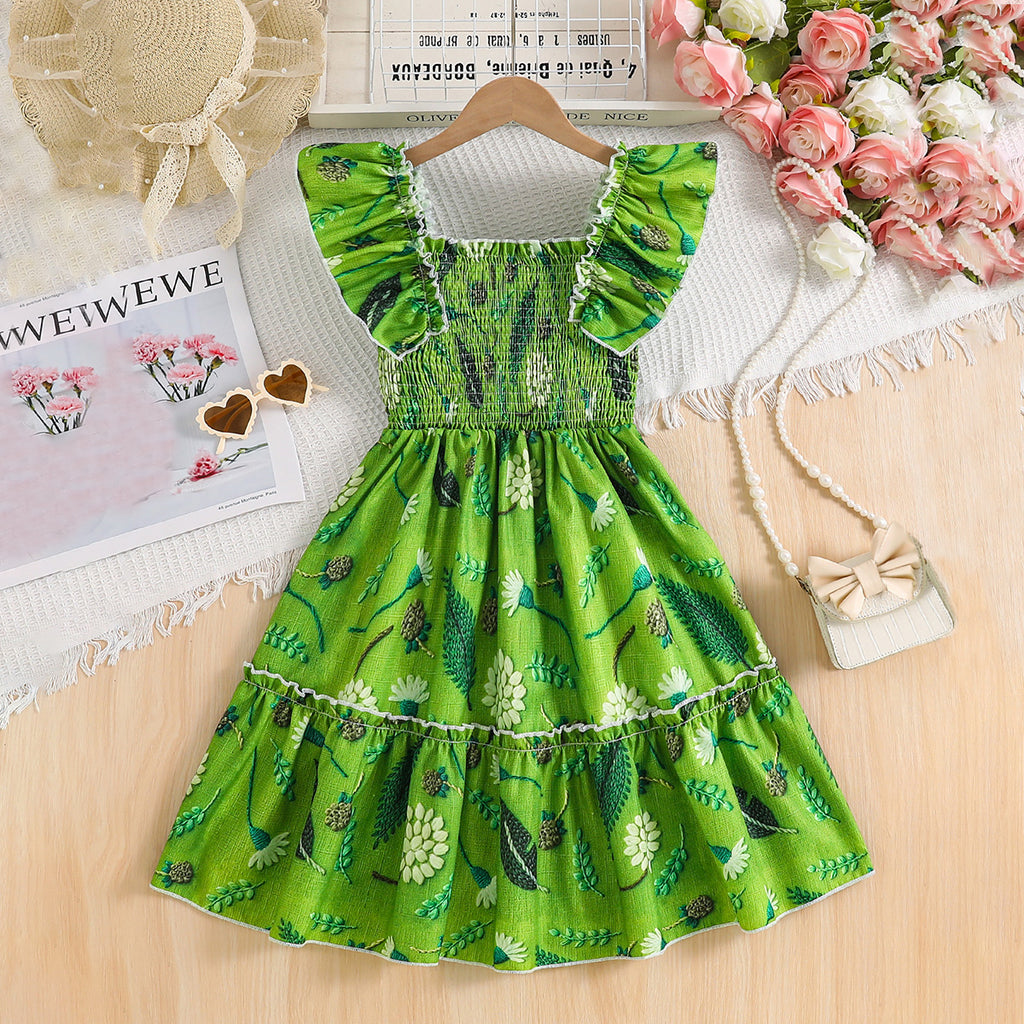 Girls Green Floral Printed Sleeveless Square Neck Fit & Flare Smocked Dress Casual Dresses