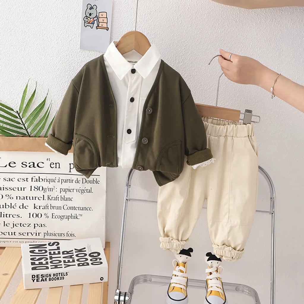 Boys Olive Green Cardigan With Shirt & Beige Jogger Sets Sets Beige 1-2 Y