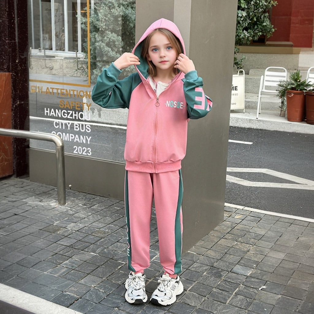 Girls Pink Typographic Printed Hoodie Front Open Jacket With Jogger Set 2 pc. Sets Pink 5-6 Y