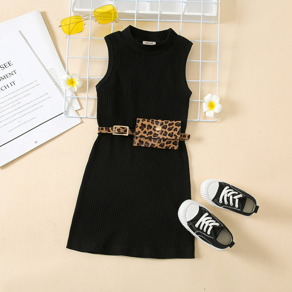 Girls Sleeveless Knitted A-Line Dress With Belt Casual Dresses Black 1-2 Y 