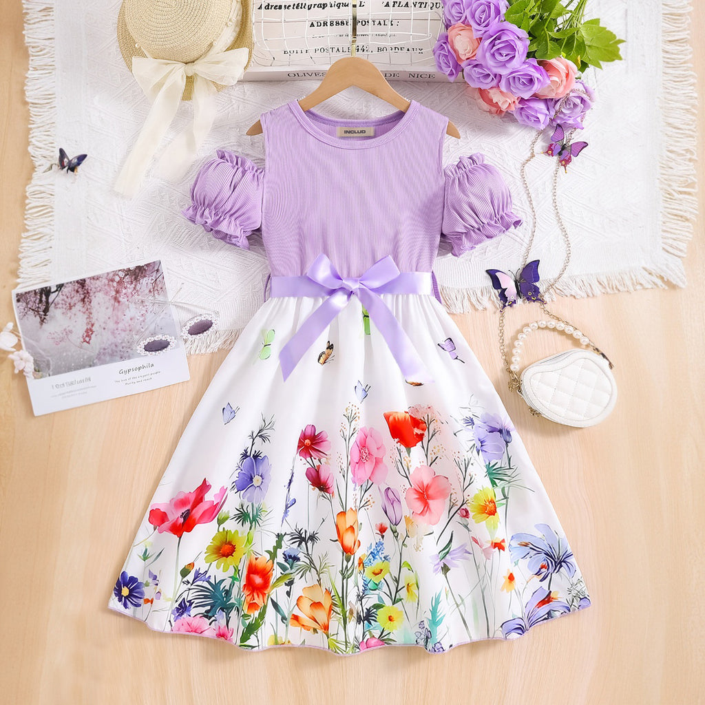 Girls Purple Floral Printed Cold Shoulder Fit And Flared Midi Casual Dress Casual Dresses Purple 3-4 Y