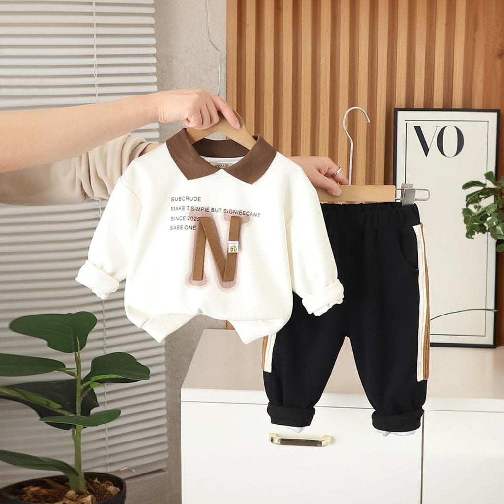 Boys Off White Typographic Printed Polo Sweatshirt With Pants Set 2 pc. Sets Off White 1-2 Y
