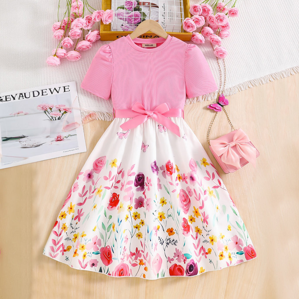 Girls Pink Rose Printed Short Sleeves Fit And Flared Midi Dress Casual Dresses Pink 3-4 Y