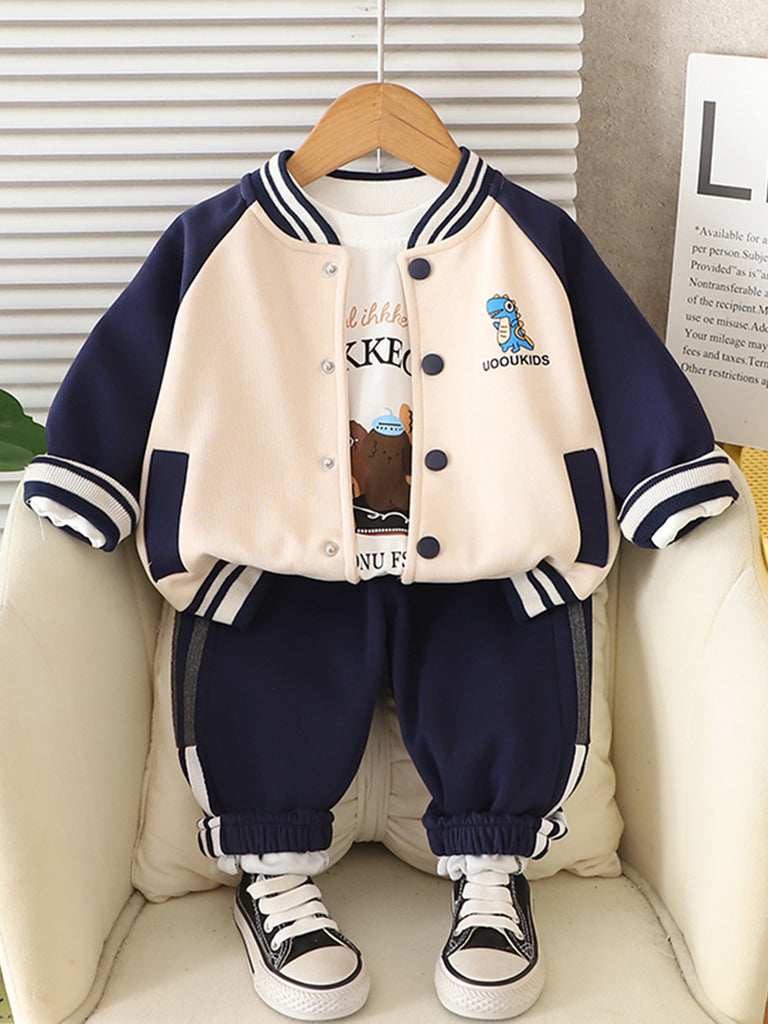 Boys Navy Blue Solid Varsity Jacket With Printed T-Shirt & Joggers Set Sets Navy Blue 1-2 Y