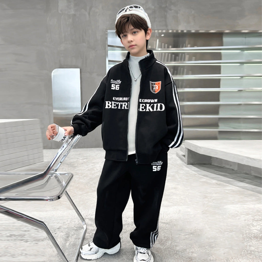 Boys Black Alphanumeric Printed Oversized Zip-up Jacket With Pants Sets Sets Black 5-6 Y