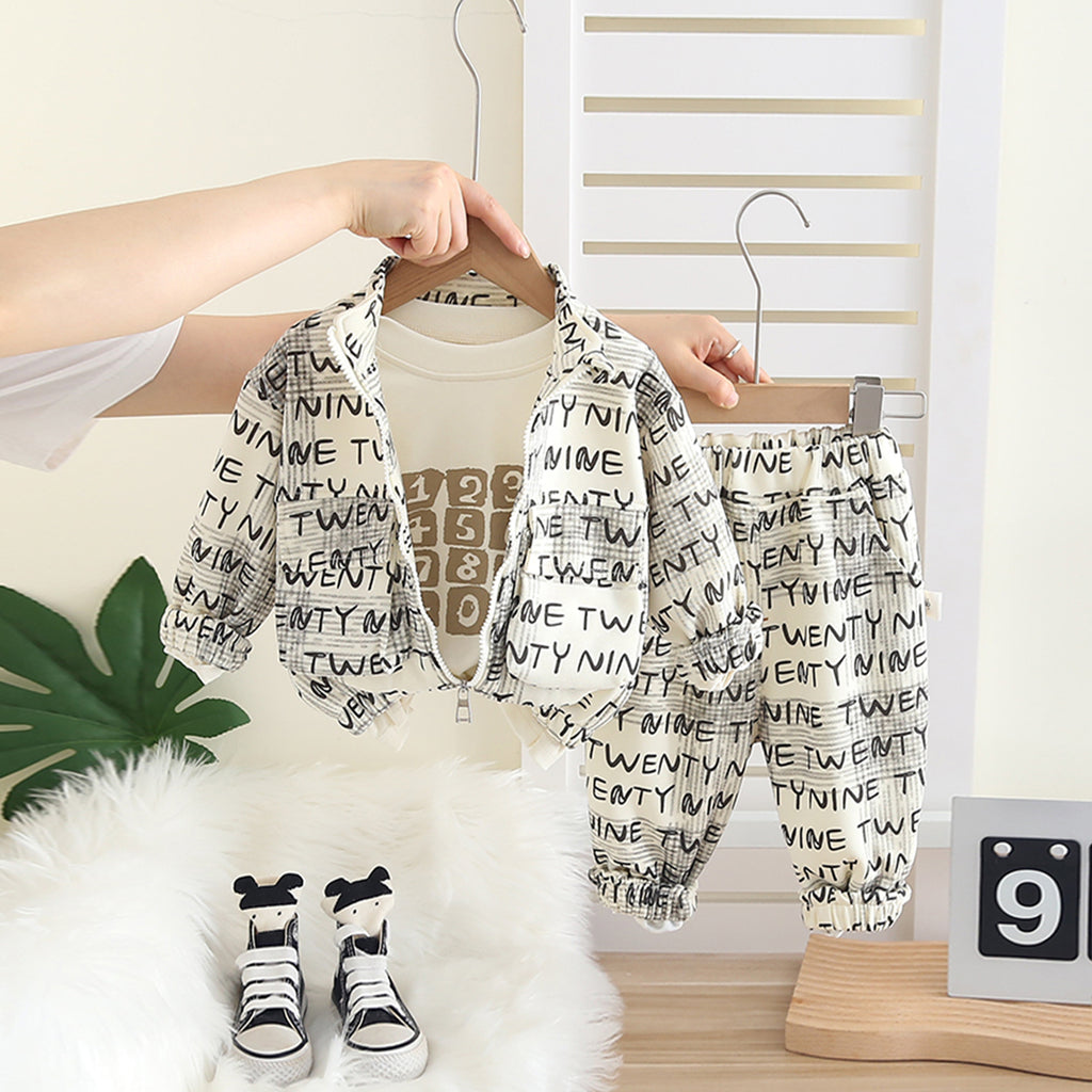 Boys Black Typographic Printed Jacket With t-Shirt & Joggers Set Sets Black 1-2 Y